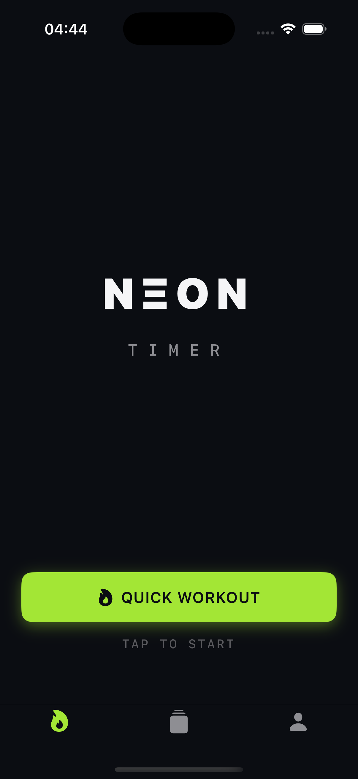 Neon Timer app home screen showing Quick Workout button