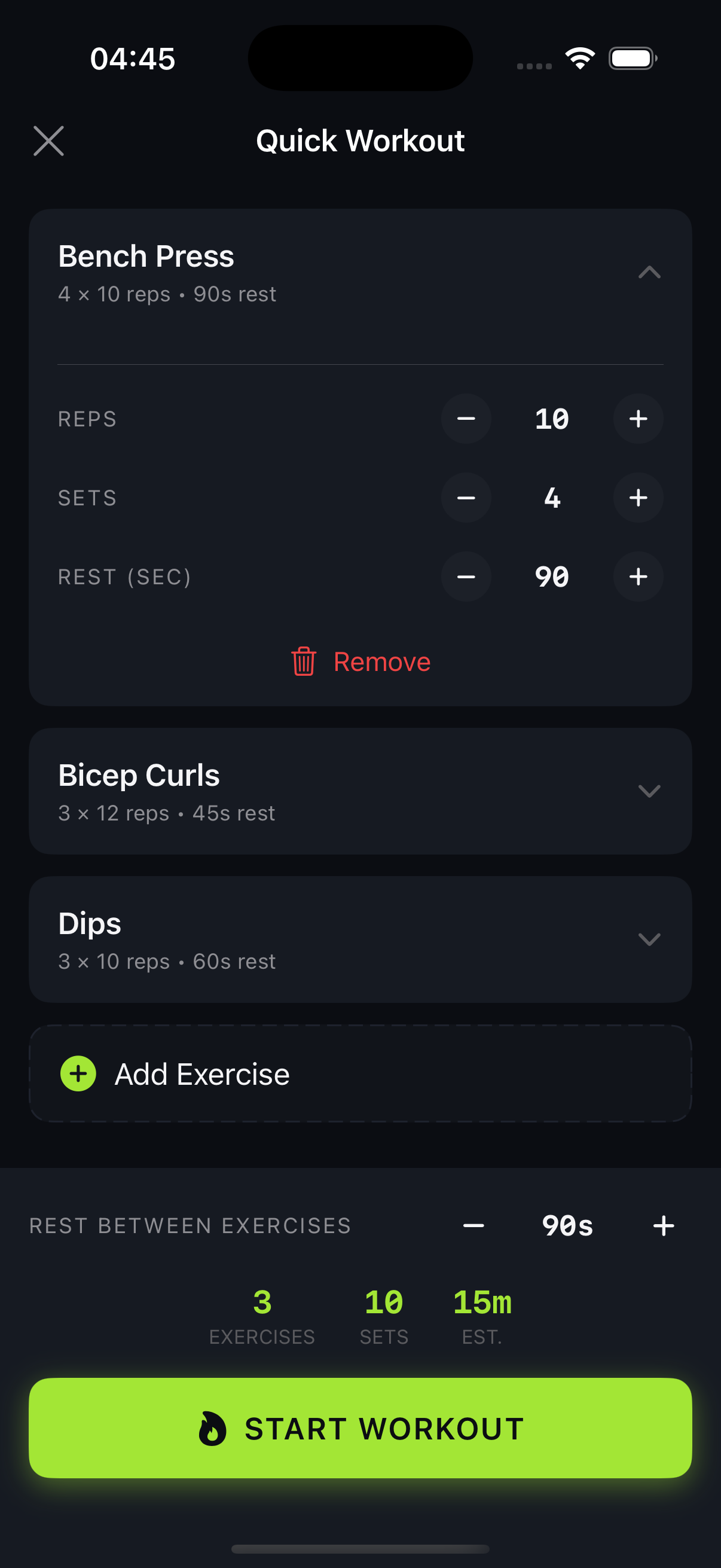 Quick Workout builder showing exercises with reps, sets, and rest configuration