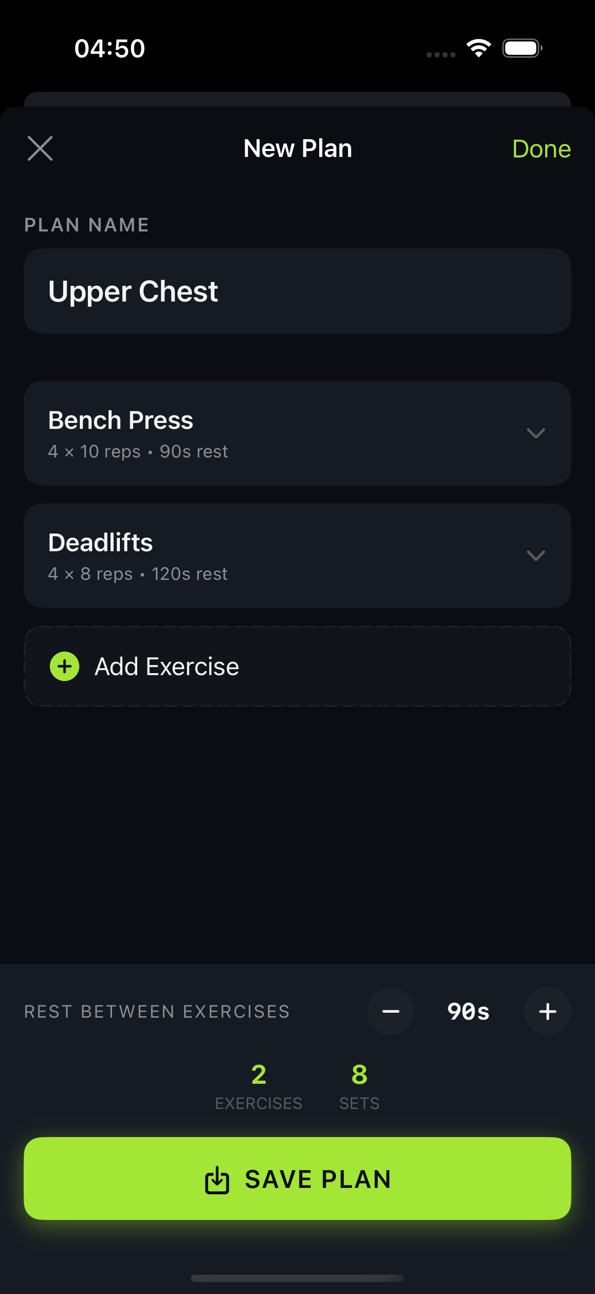 Workout plan creation screen