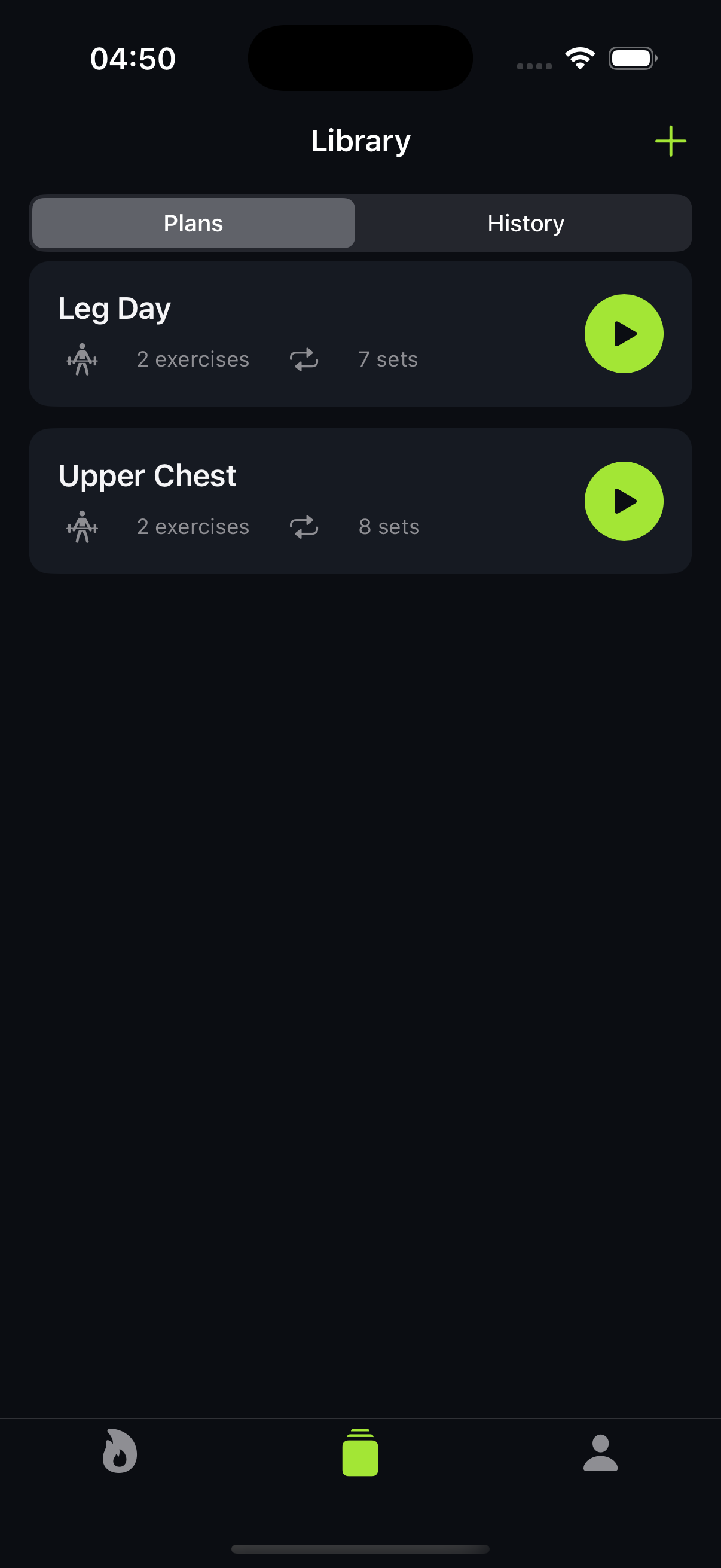 Library screen showing saved workout plans